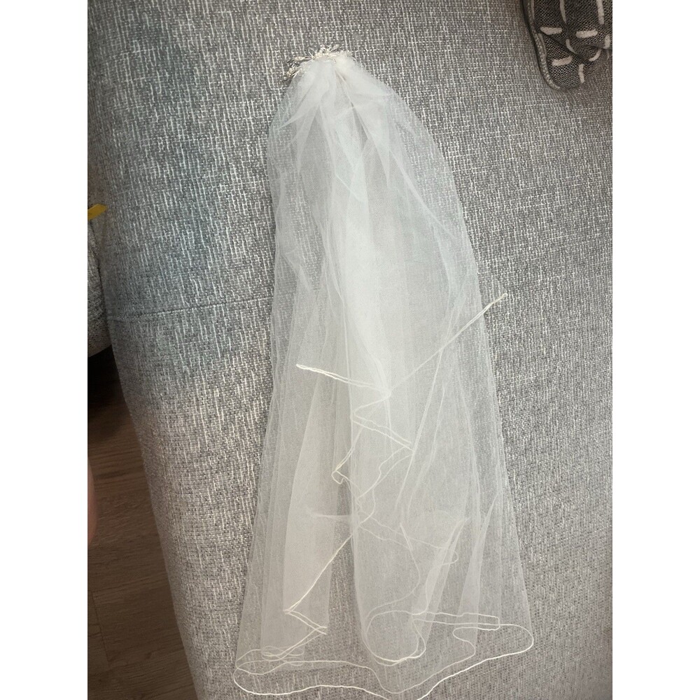 White Elbow Length Tulle Net Bridal Jr Bride Wedding Veil with Comb, Ribbon Edge